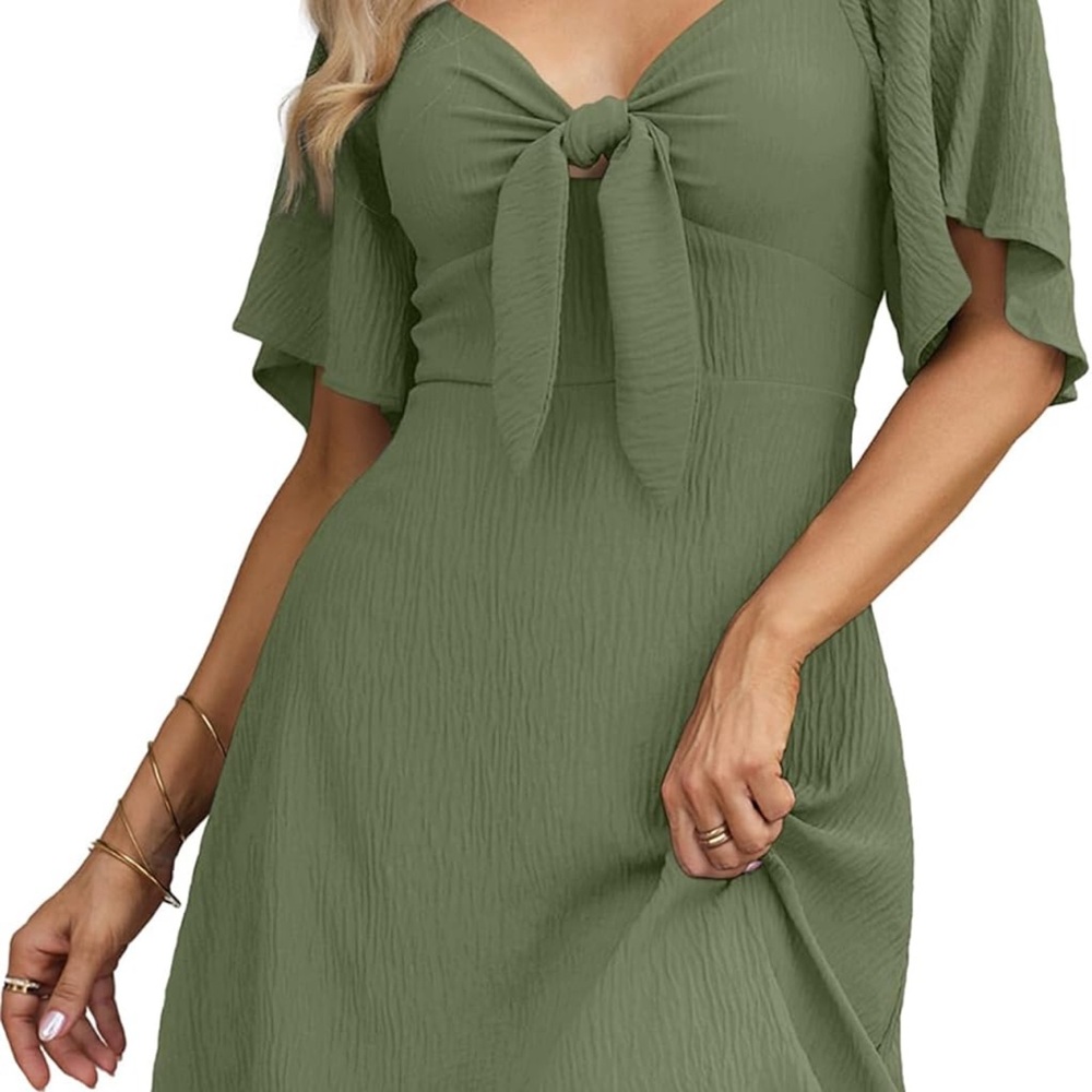 Dokotoo Green Boho Summer Dress with Tie Front – Size L #greenoutfit Olive green